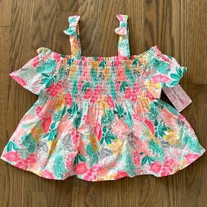 Tommy Bahama Girls Smock Top sz 5/6 Cotton Tropical Floral Off Shoulder Pink